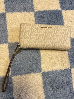 Michael Kors Cream Logo Zip Wristlet with Brown Strap